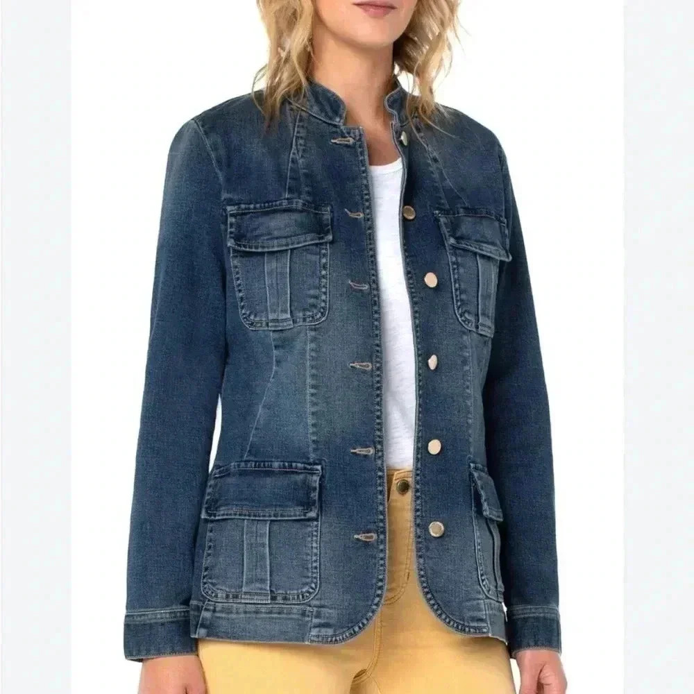Liverpool Seamed Long Jean Jacket with Patch Pockets - Picture 2 of 10